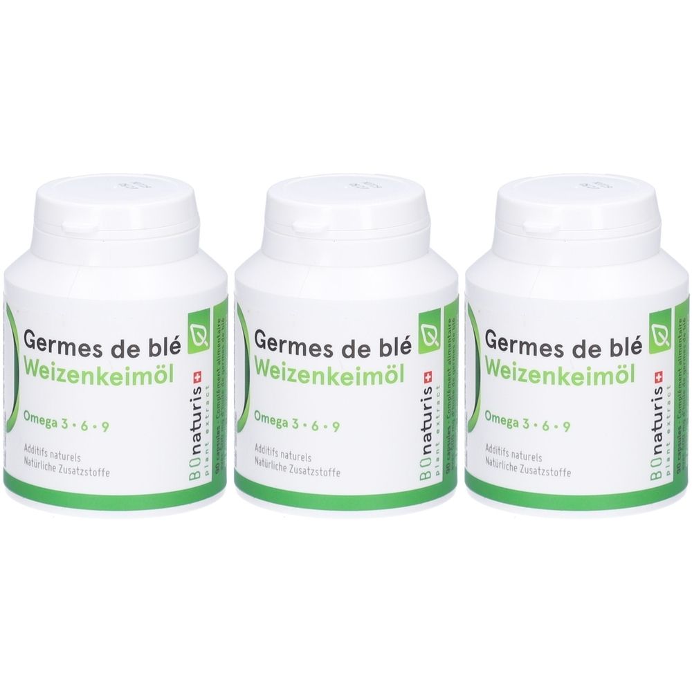 Drei weiße Flaschen mit grünen Etiketten. Aufschrift: Germes de blé Weizenkeimöl, Omega 3-6-9. Marke: BIOnaturis.