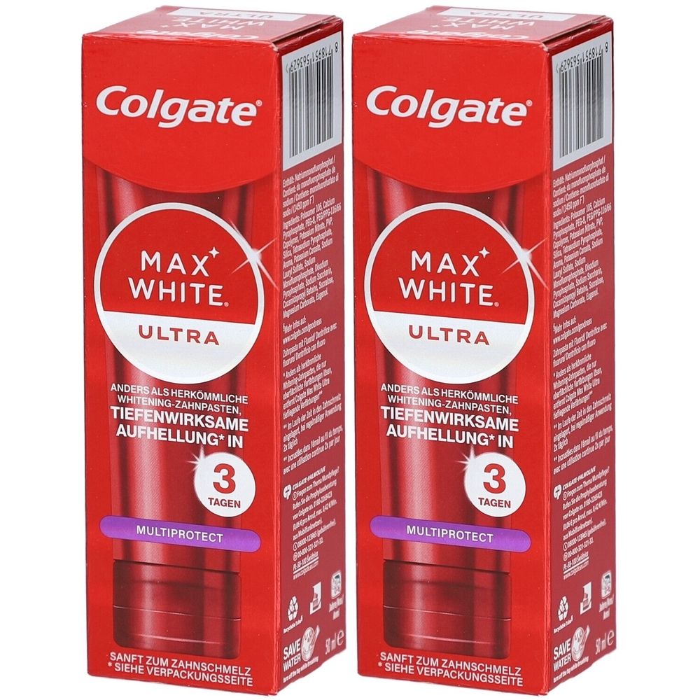 Zwei Packungen Zahnpasta. Rote Verpackung mit weißem Kreis und Schriftzug MAX WHITE ULTRA. Text: MULTIPROTECT.
