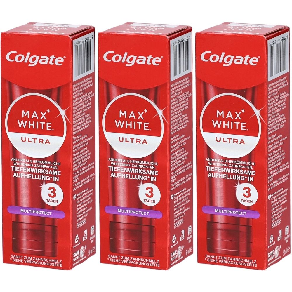 Drei Packungen Zahnpasta. Rote Verpackung mit weißem Colgate-Logo und Produktnamen. Text: Max White Ultra, Multiprotect, 3 Tage.