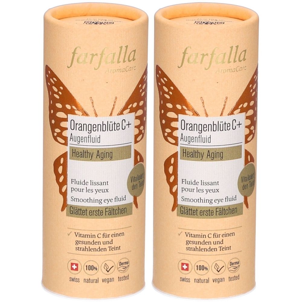 Zwei zylindrische Behälter mit Produktaufdruck. Aufschrift: Farfalla Orangenblüte C+ Augenfluid. Enthält Vitamin C. Vegan und dermatologisch getestet.