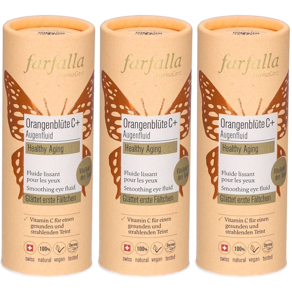 Drei zylindrische Verpackungen mit Produktinformationen. Aufschrift: Farfalla Orangenblüte C+ Augenfluid. Enthält Vitamin C. Swiss, natural, vegan.