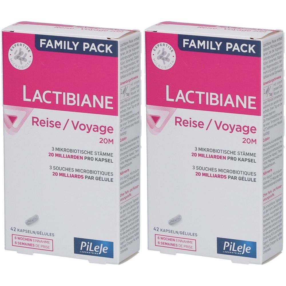 Zwei rechteckige Kartons mit der Aufschrift "LACTIBIANE Reise/Voyage 20M". Enthält 42 Kapseln. Marke: PiLeJe.