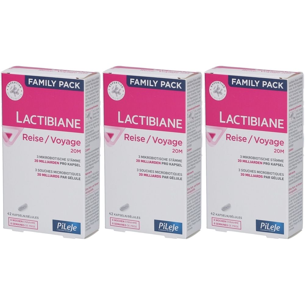 Drei Packungen Lactibiane Reise/Voyage 20M. Weiße Schachteln mit pinkfarbenen Akzenten. Text: FAMILY PACK, Pileje.