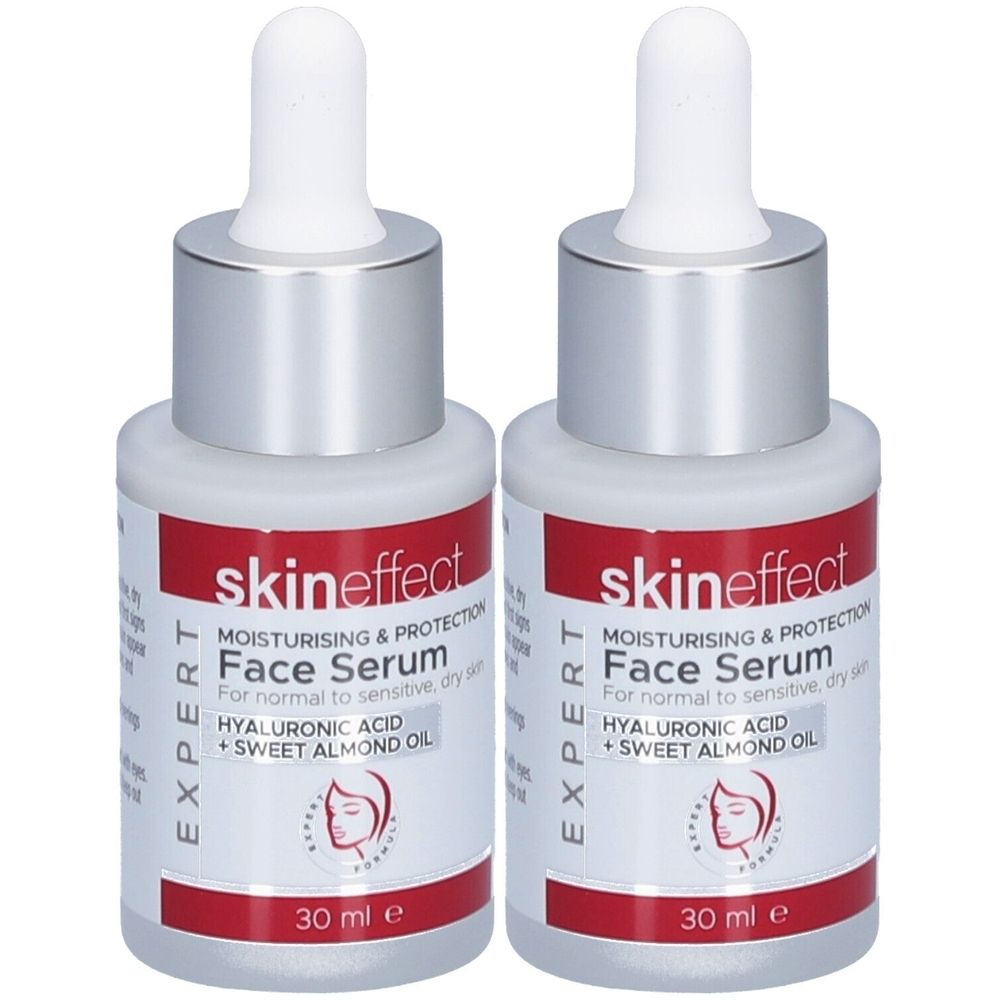Zwei Flaschen Gesichtsserum. Weiße Flaschen mit silbernen Deckeln und roten Etiketten. Text: skin effect, Face Serum, 30 ml.