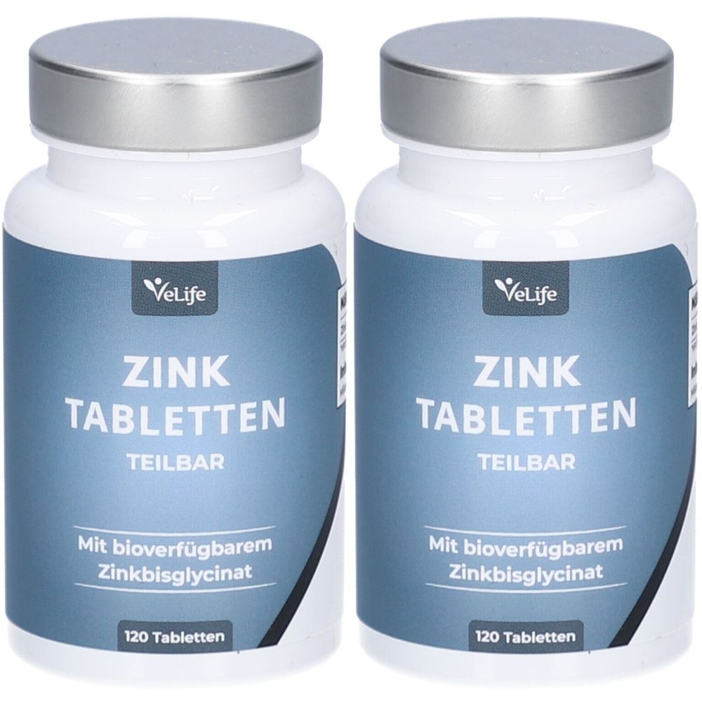 Zwei weiße Flaschen mit silbernen Deckeln. Aufschrift: Zink Tabletten, teilbar. Marke: VeLife. Enthält 120 Tabletten.