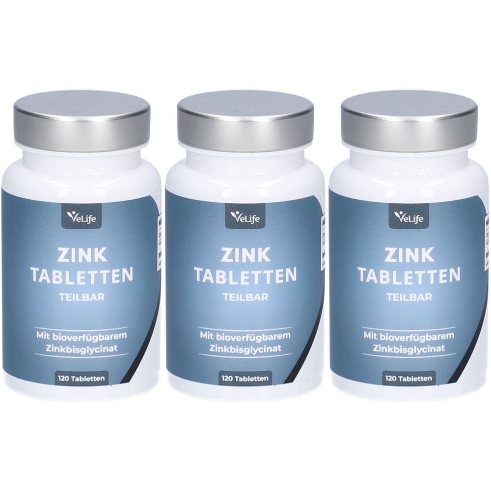 Drei weiße Pillendosen mit silbernen Deckeln. Aufschrift: Zink Tabletten, teilbar. Mit bioverfügbarem Zinkbisglycinat. 120 Tabletten.