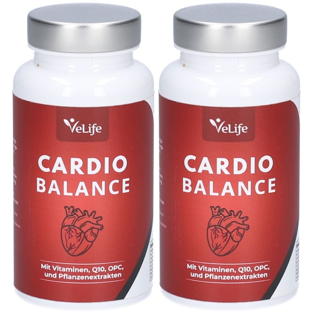 Zwei weiße Flaschen mit silbernen Deckeln. Auf rotem Etikett steht "CARDIO BALANCE" und "VeLife". Mit Herz-Illustration und Text.