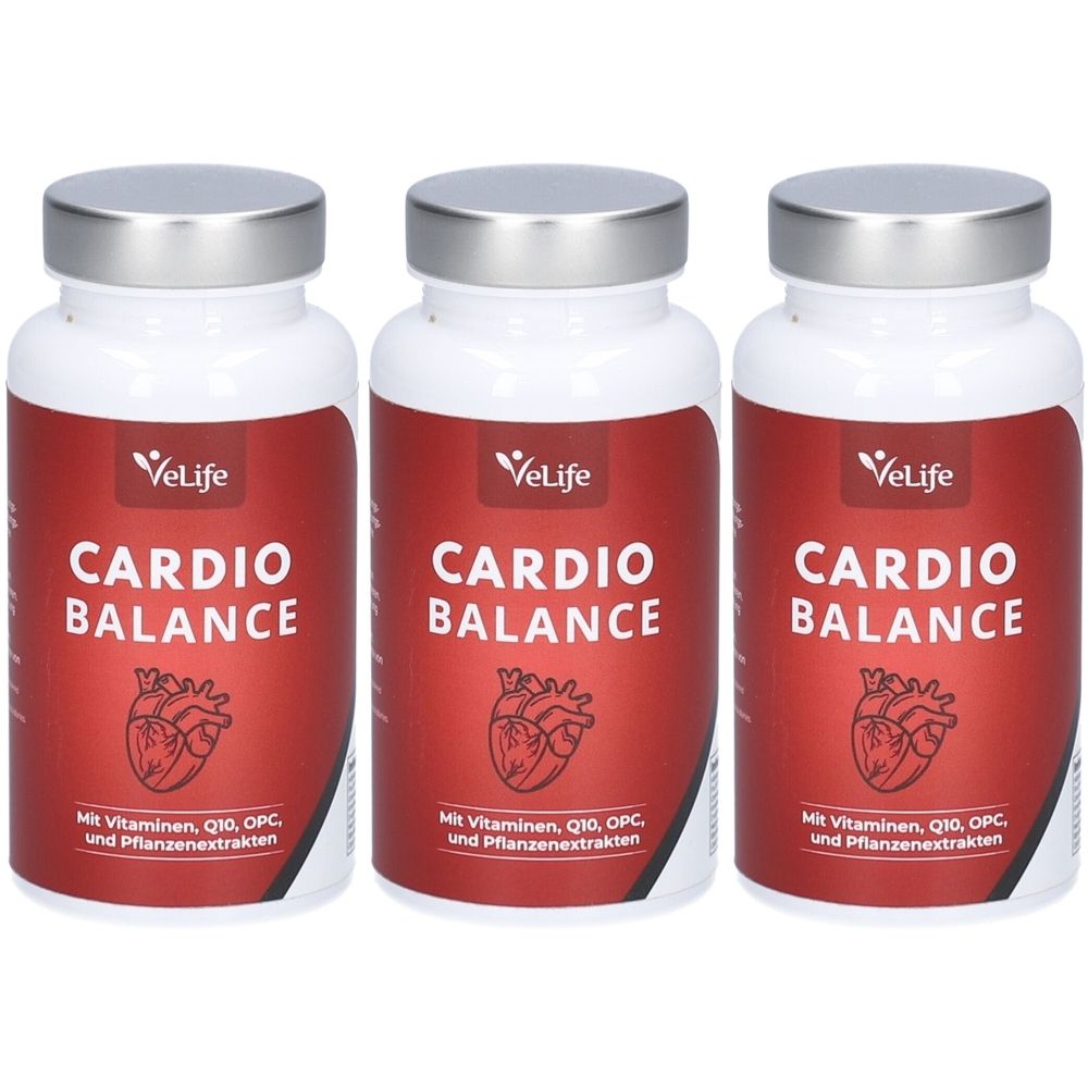 Drei weiße Flaschen mit silbernen Deckeln. Auf rotem Etikett steht "CARDIO BALANCE" und "VeLife". Darunter ein Herz-Symbol und Text.