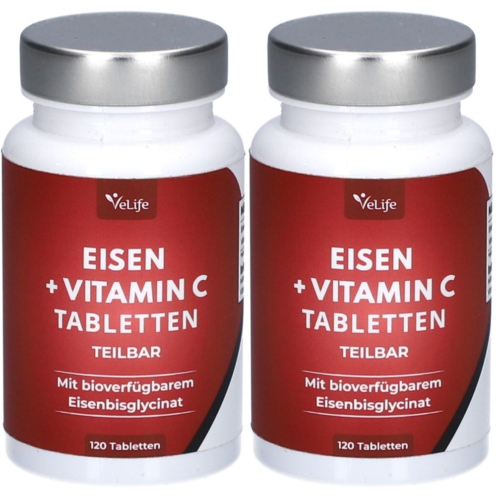 Zwei weiße Flaschen mit silbernen Deckeln. Auf rotem Etikett: "EISEN + VITAMIN C TABLETTEN TEILBAR". Enthält 120 Tabletten.