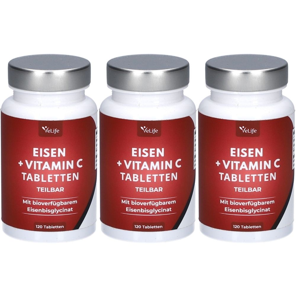 Drei weiße Flaschen mit silbernen Deckeln. Auf rotem Etikett: VELIFE Eisen + Vitamin C Tabletten. Text: Teilbar, 120 Tabletten.