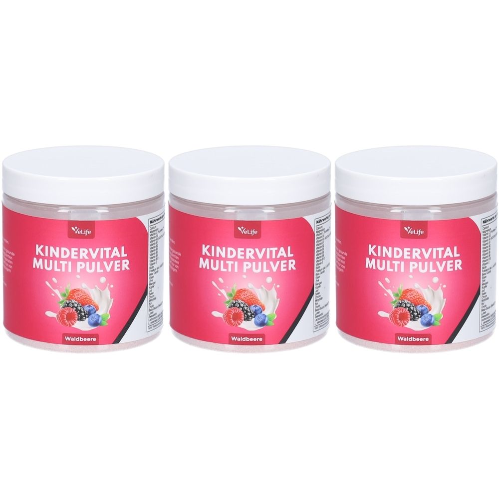 Drei Dosen VeLife Kindervital Multi Pulver Waldfrüchte. Rote Etiketten mit Produktnamen und Abbildung von Früchten. Weiße Deckel.