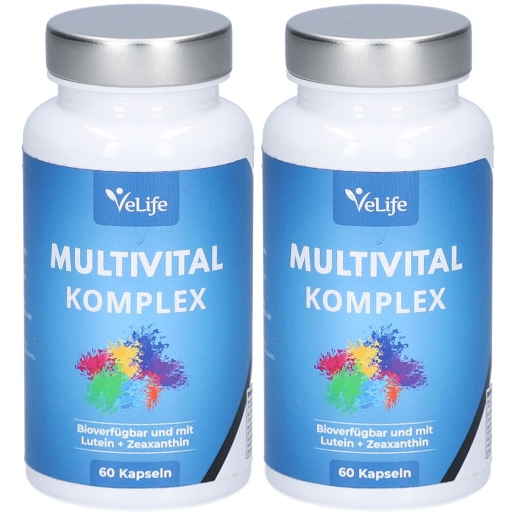 Zwei weiße Flaschen mit silbernen Deckeln. Auf den blauen Etiketten steht "VeLife Multivital Komplex". Enthält 60 Kapseln.