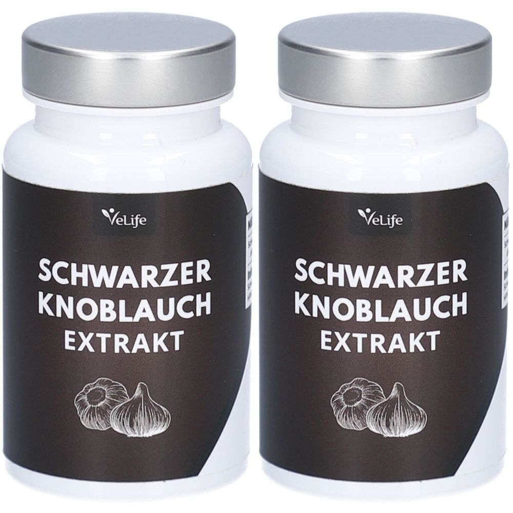 Zwei weiße Flaschen mit silbernen Deckeln. Auf der schwarzen Etikette steht "SCHWARZER KNOBLAUCH EXTRAKT" und "VeLife". Abbildung von Knoblauch.