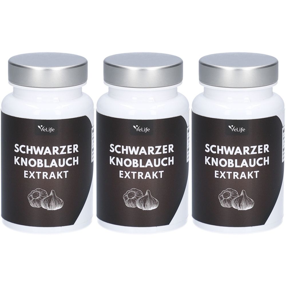 Drei weiße Flaschen mit silbernen Deckeln. Auf jeder Flasche steht "SCHWARZER KNOBLAUCH EXTRAKT" und das VeLife Logo.