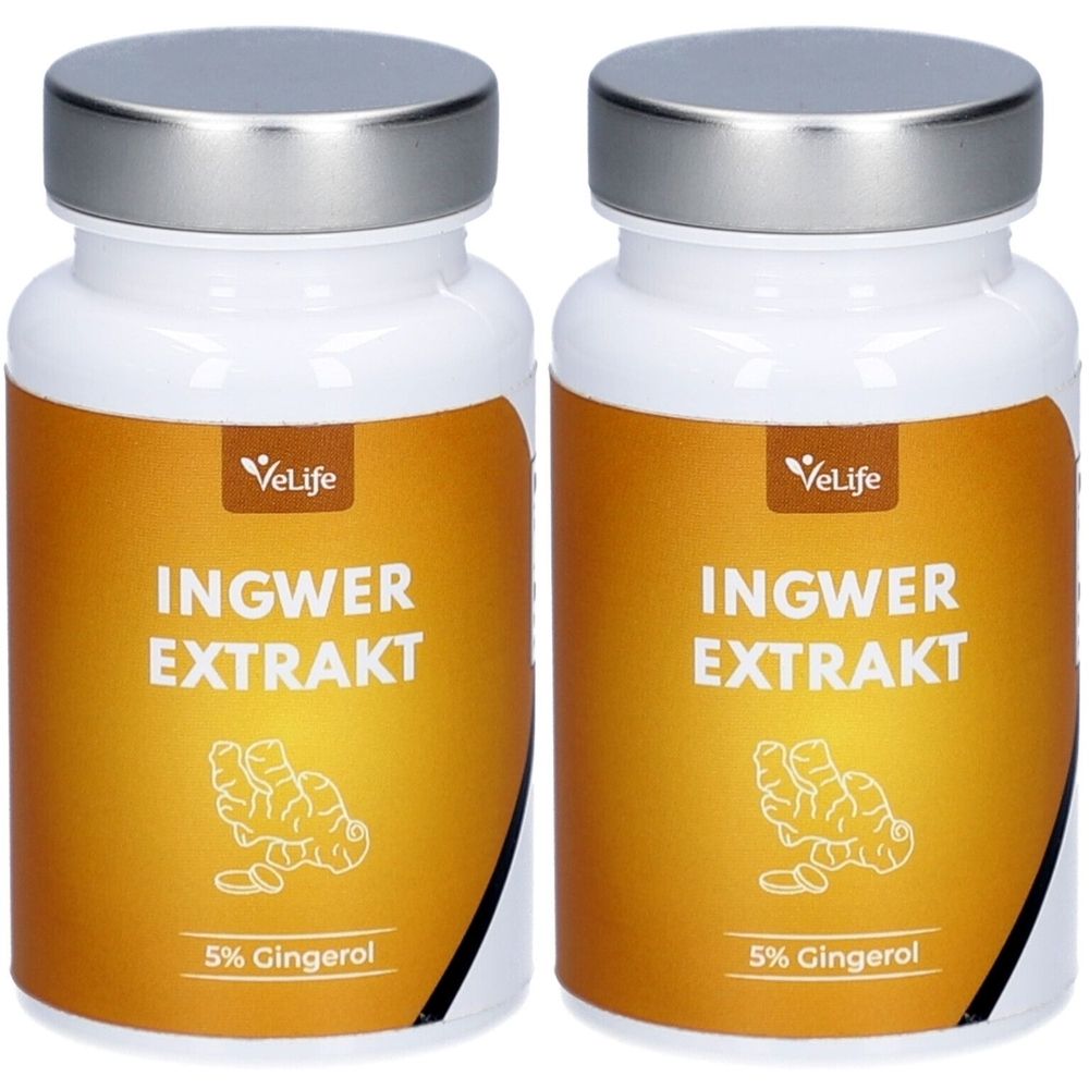Zwei weiße Flaschen mit silbernen Deckeln. Auf den Etiketten steht "INGWER EXTRAKT" und "5% Gingerol". Das Logo "VeLife" ist sichtbar.