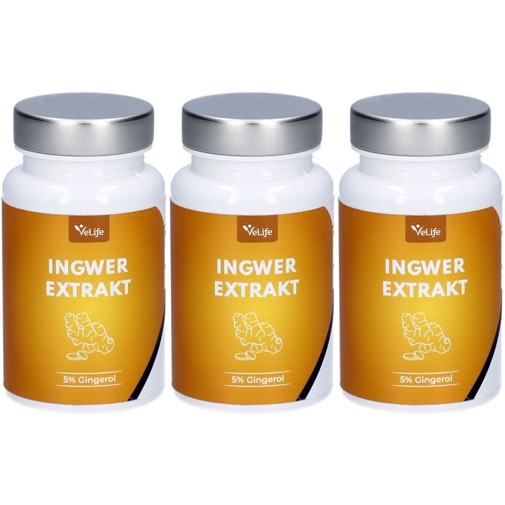 Drei weiße Pillendosen mit silbernen Deckeln. Auf den Etiketten steht "INGWER EXTRAKT" und "5% Gingerol". Das Logo von "VeLife" ist sichtbar.