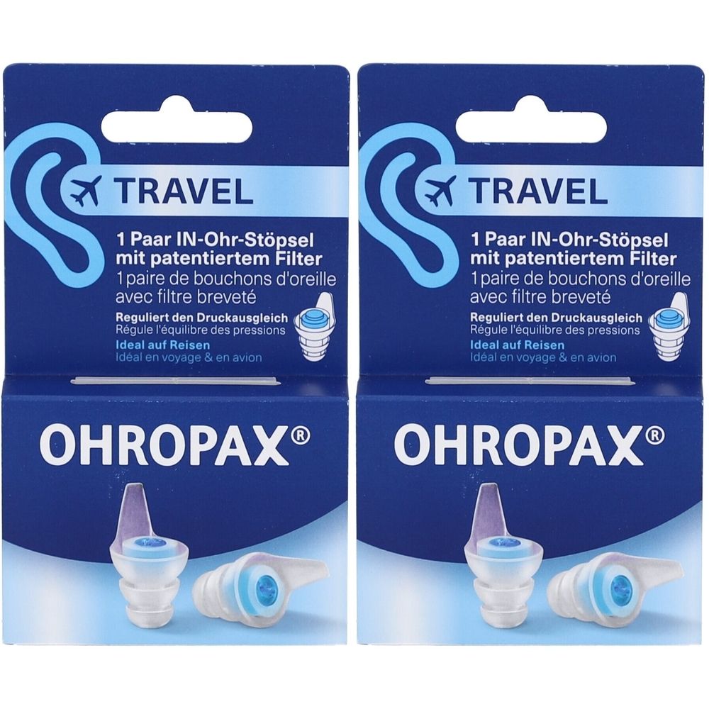 Deux boîtes d'Ohropax bouchons d'oreille de voyage. Emballage bleu avec image du produit. Texte: 1 paire de bouchons d'oreille avec filtre. Marque: OHROPAX.