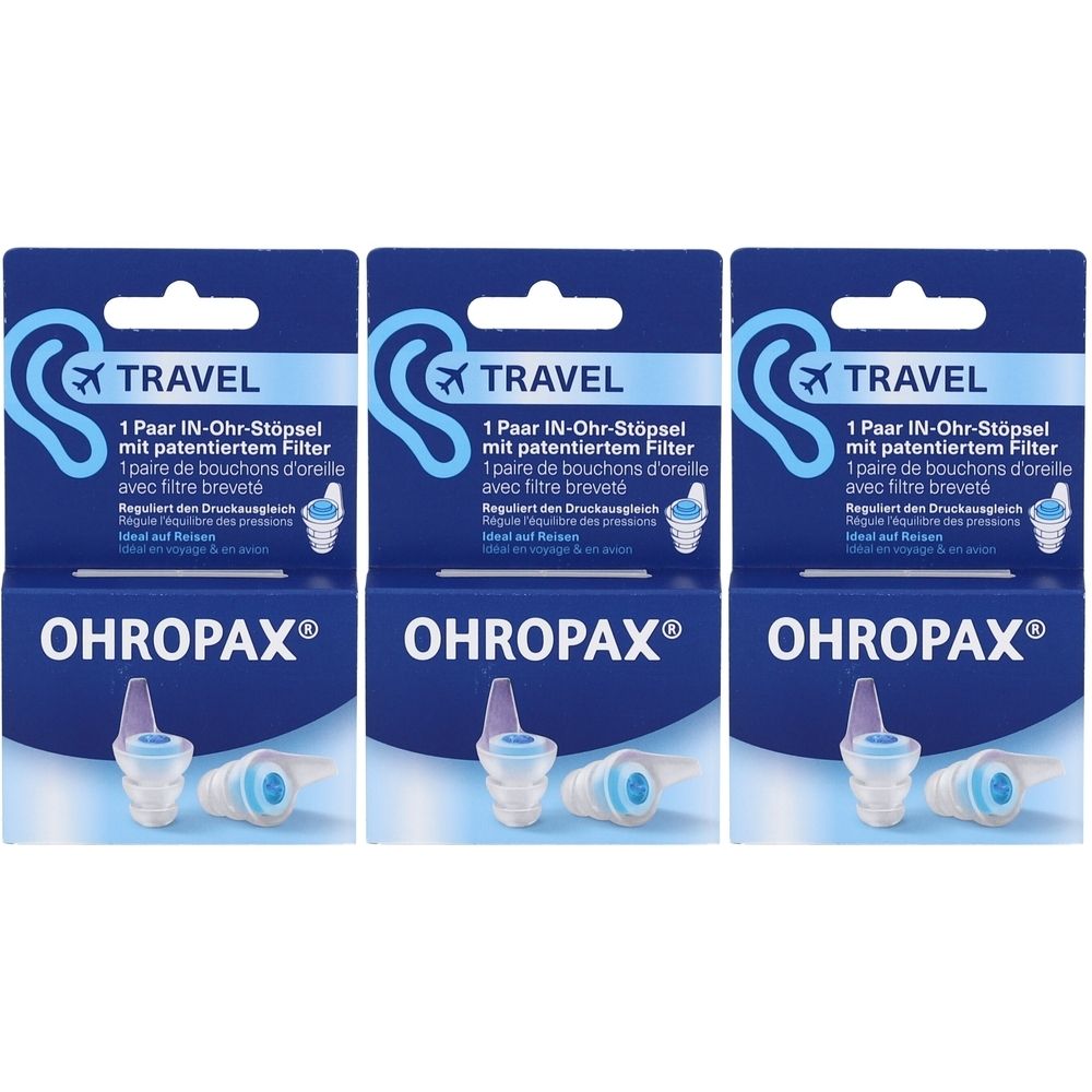 Trois boîtes de bouchons d'oreille Ohropax Travel. Emballage bleu avec image du produit et texte. Texte: Travel, Ohropax, 1 paire de bouchons d'oreille avec filtre.