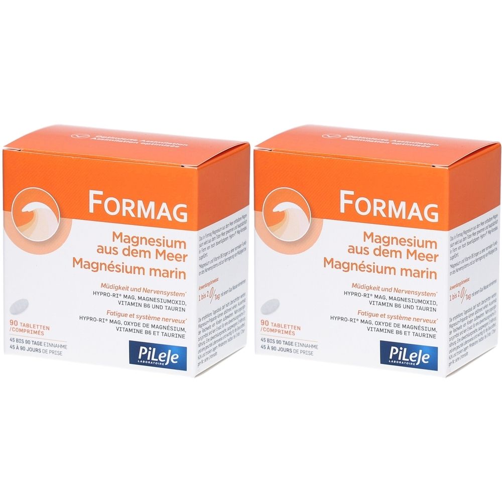 Zwei orangefarbene Schachteln mit der Aufschrift FORMAG, Magnesium aus dem Meer, Magnésium marin. Marke Pileje.