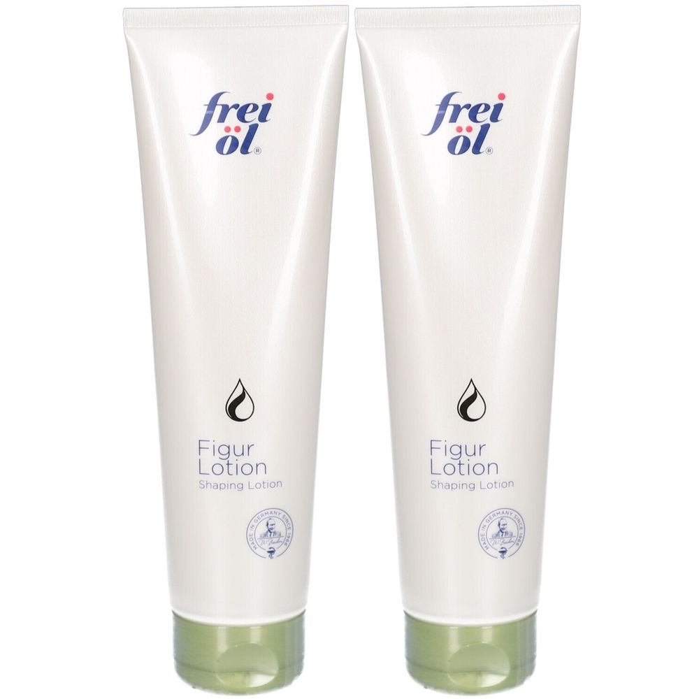 Zwei weiße Tuben mit grünen Verschlüssen. Aufschrift: frei öl, Figur Lotion, Shaping Lotion. Tropfensymbol.