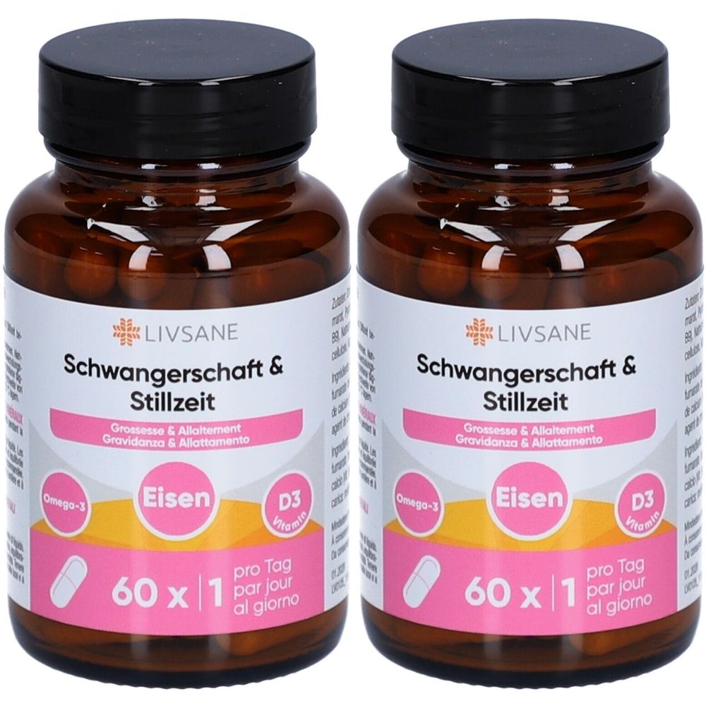 Zwei braune Pillendosen mit schwarzem Deckel. Aufschrift: LIVSANE Schwangerschaft & Stillzeit. Enthält Eisen, D3 und Omega-3. 60 Kapseln.