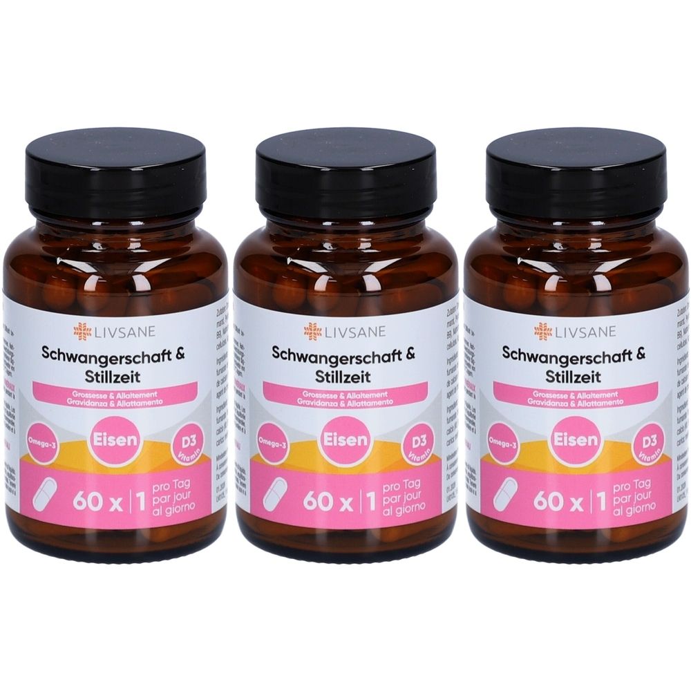 Drei braune Pillendosen mit schwarzem Deckel. Auf den Etiketten steht "LIVSANE Schwangerschaft & Stillzeit" und "Eisen".