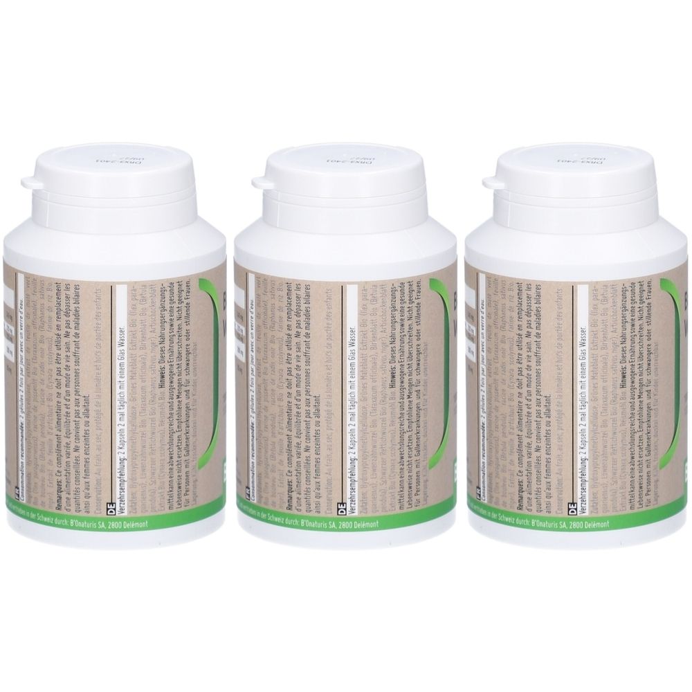 Drei weiße Pillendosen mit Schraubverschluss. Die Etiketten sind mit Text bedruckt und haben grüne Akzente.