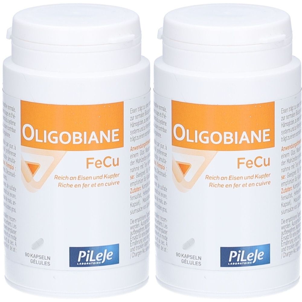 Zwei weiße Flaschen mit orangefarbenen Etiketten. Aufschrift: Oligobiane FeCu. Marke: PiLeje.