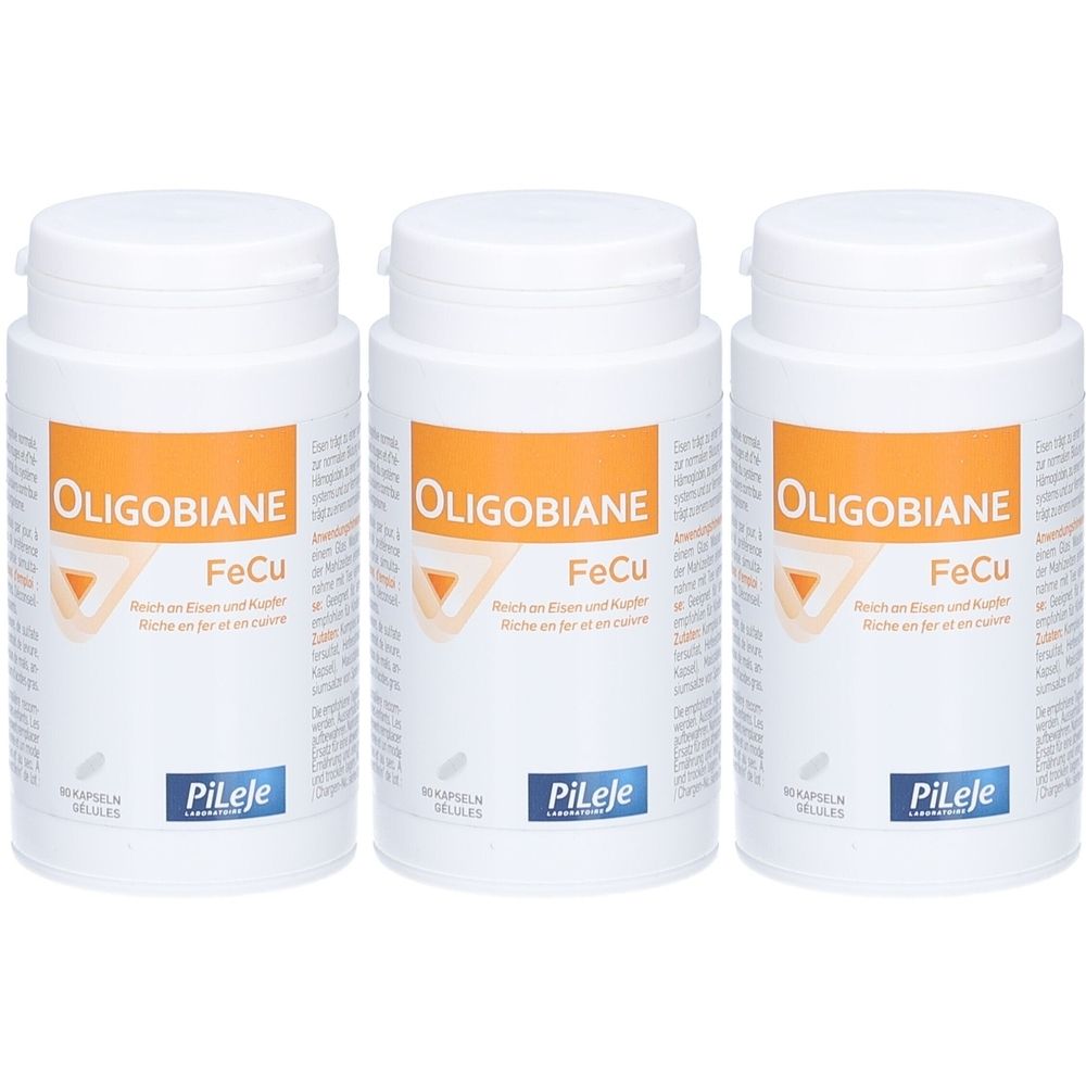 Drei weiße Pillendosen mit orangefarbenen Etiketten. Aufschrift: Oligobiane FeCu, PiLeJe. Kapseln.