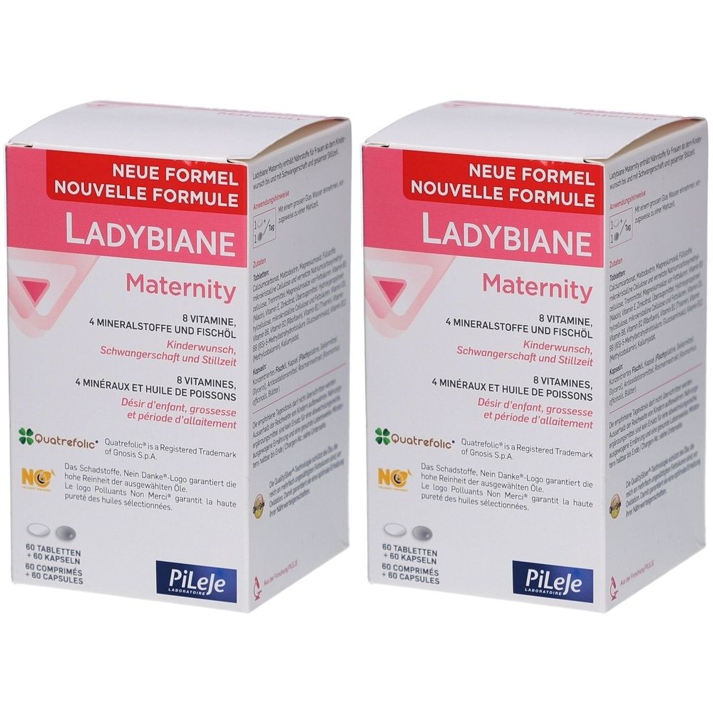 Zwei rechteckige Schachteln mit Aufschrift LADYBIANE Maternity. Enthält Vitamine, Mineralstoffe und Fischöl. Neue Formel.