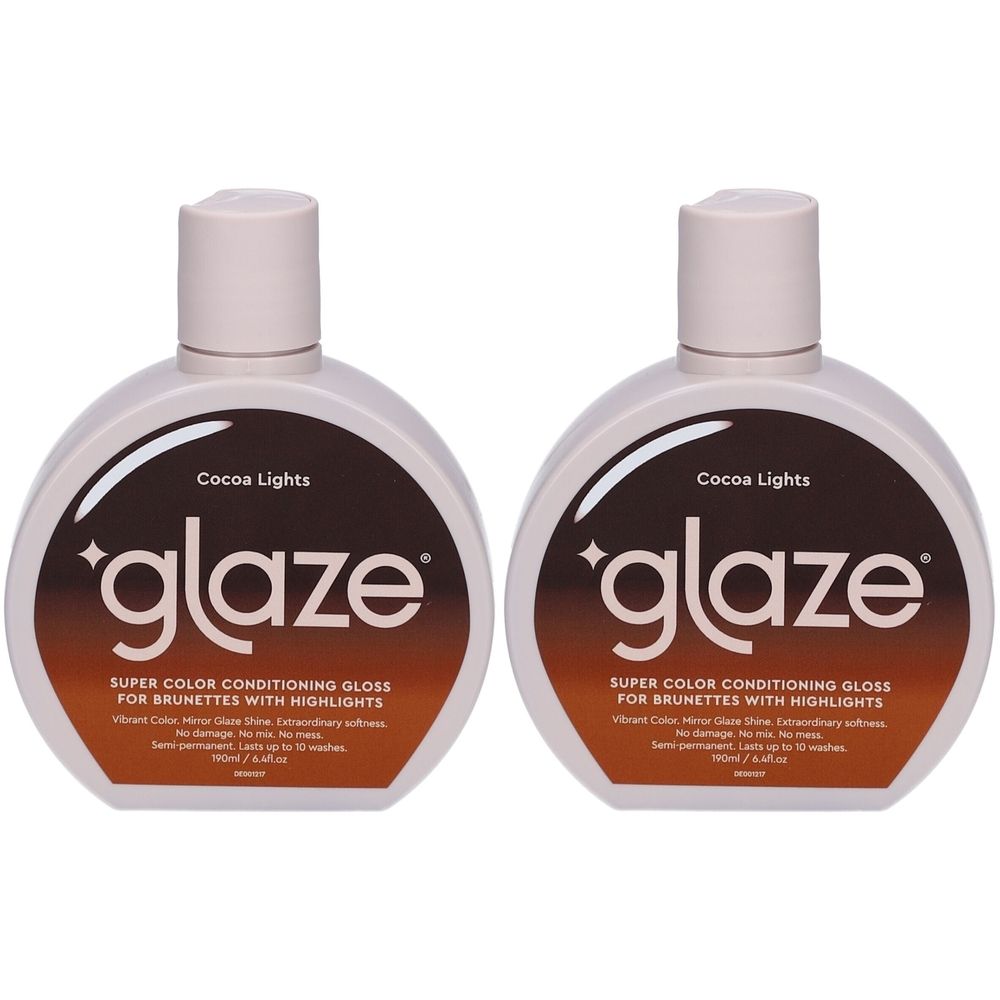 Deux flacons avec étiquette marron. Inscription : "glaze", "Cocoa Lights", "Super Color Conditioning Gloss for Brunettes with Highlights".