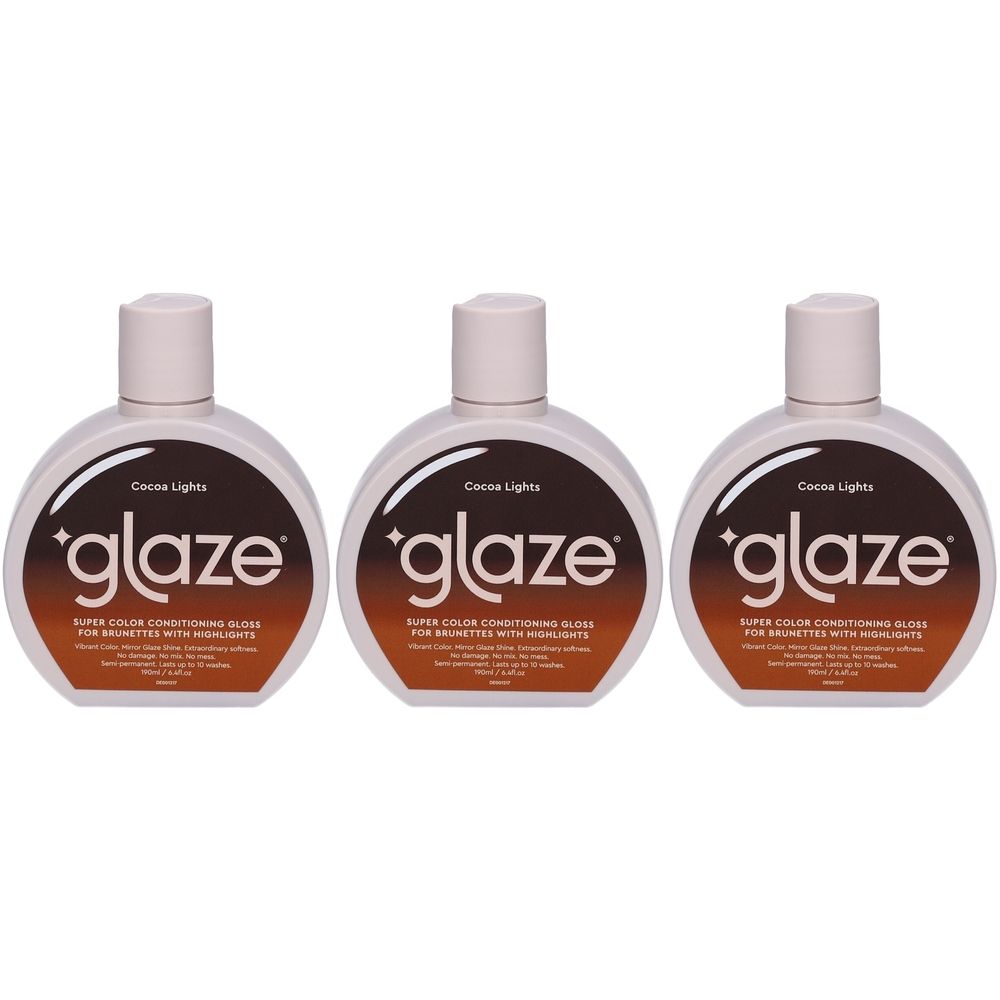 Trois flacons Glasur Supergloss Cocoa Lights. Forme ronde, bouchon blanc, impression marron. Texte: Glaze, Super Color Conditioning Gloss.