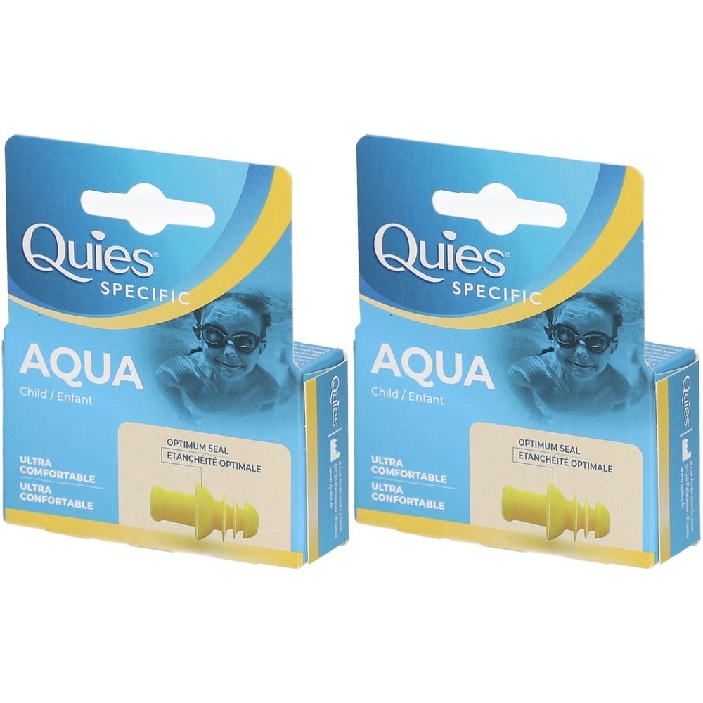 Deux boîtes de bouchons d'oreille Quies Specific Aqua Kinder. Emballage bleu avec bouchons jaunes. Texte: Aqua, Child/Enfant, Optimum Seal.
