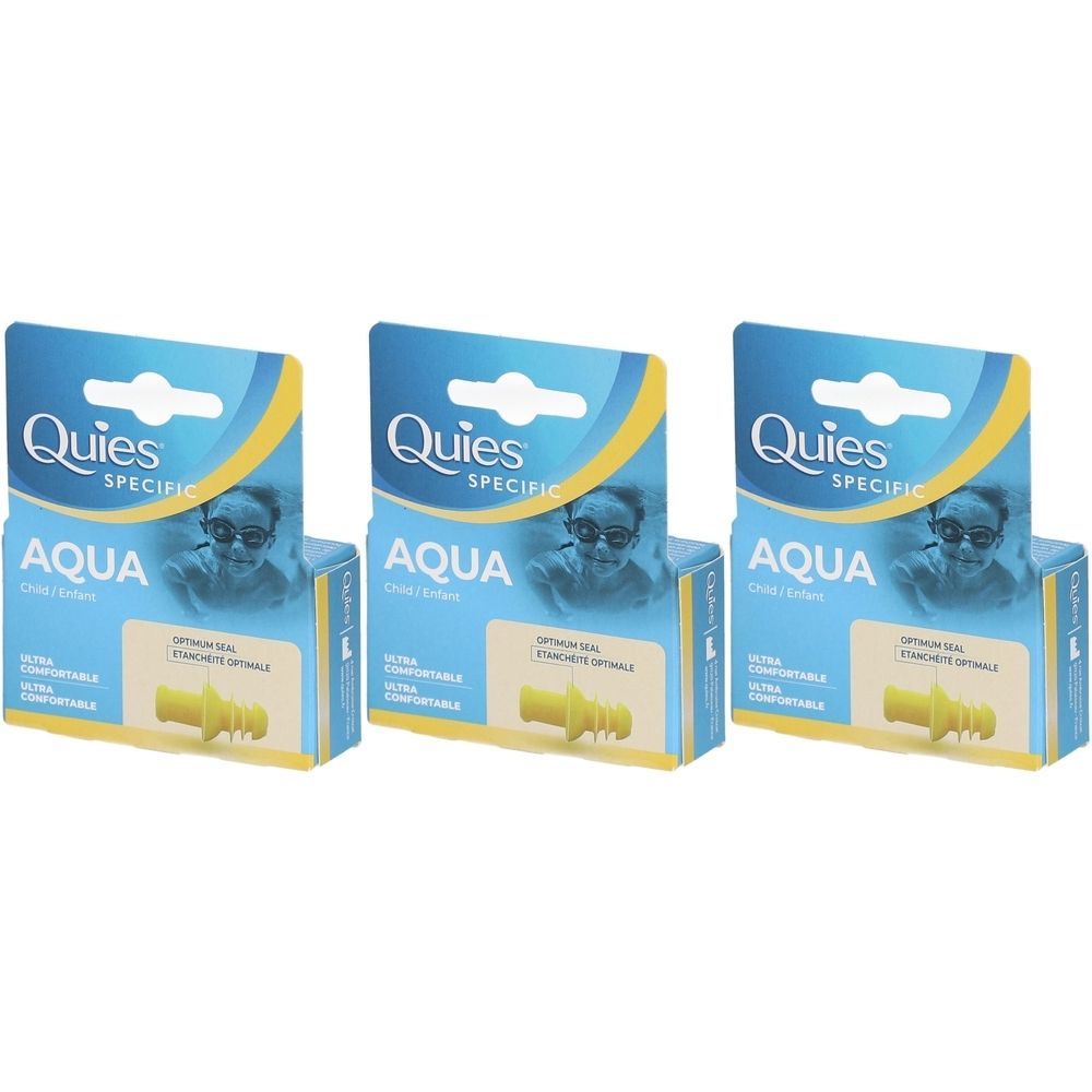 Trois boîtes de bouchons d'oreille Quies Specific Aqua Kinder. Bouchons d'oreille jaunes dans des emballages bleus et jaunes. Inscription : Aqua, Ultra Comfortable.