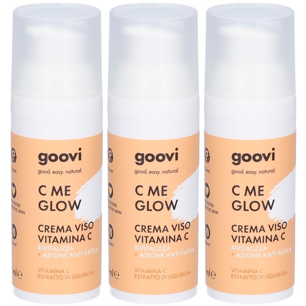 Drei Flaschen Gesichtscreme. Aufschrift: goovi, C ME GLOW, Crema Viso Vitamin C. Mit Vitamin C und Süßholzextrakt.