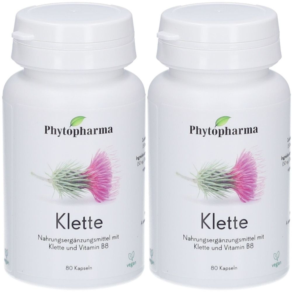 Zwei weiße Flaschen mit Kapseln. Aufschrift: Phytopharma, Klette, Nahrungsergänzungsmittel mit Klette und Vitamin B8. 80 Kapseln.