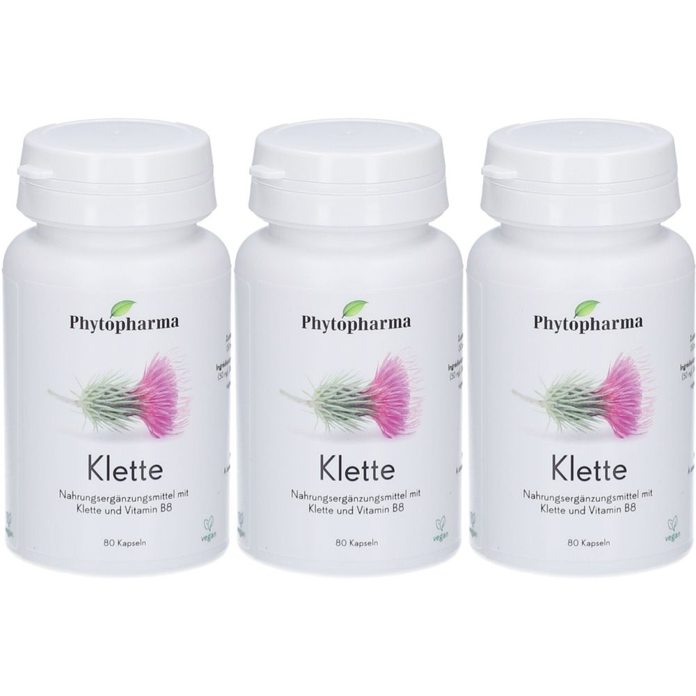 Drei weiße Flaschen mit Schraubverschluss. Aufschrift: Phytopharma, Klette, Nahrungsergänzungsmittel mit Klette und Vitamin B8. 80 Kapseln.