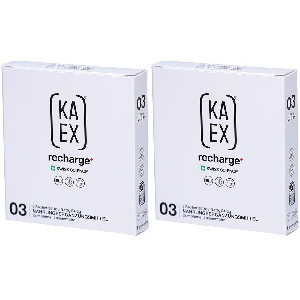 Deux boîtes blanches avec le logo noir "KA EX recharge+". Impression "03" et "Complément alimentaire".