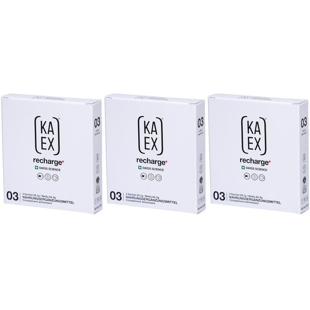 Trois boîtes blanches avec le logo "KA EX recharge". Impression "03". Complément alimentaire.