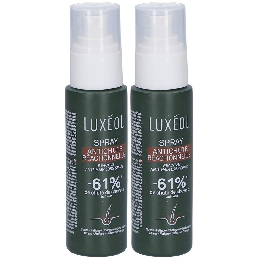 Deux flacons spray verts avec bouchons blancs. Inscription: LUXÉOL Spray Antichute Réactionnelle, -61% de chute de cheveux.