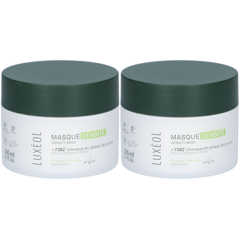 Zwei weiße Tiegel mit grünem Deckel. Aufschrift: LUXÉOL, MASQUE DENSITE, 200 ml. Text: +7382 cheveux en phase de pousse.