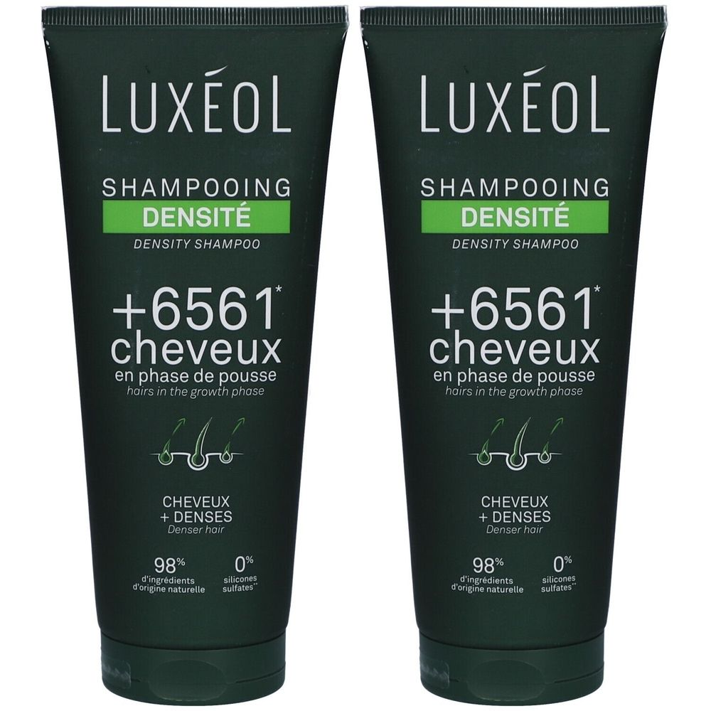 Deux tubes de shampooing verts. Inscription: LUXÉOL, Shampooing Densité, +6561 cheveux, 98% ingrédients d'origine naturelle.