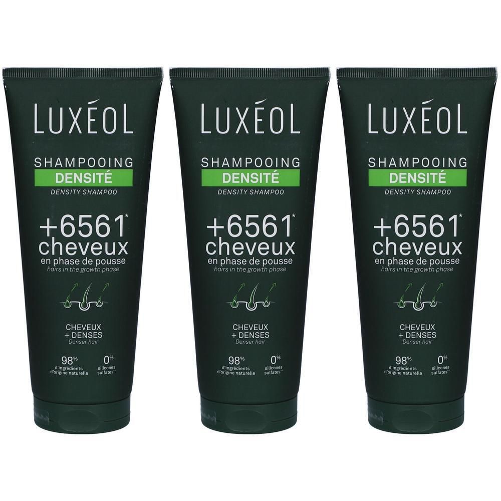 Trois tubes de shampooing Luxéol. Emballage vert foncé avec texte blanc. Nom du produit et détails visibles.