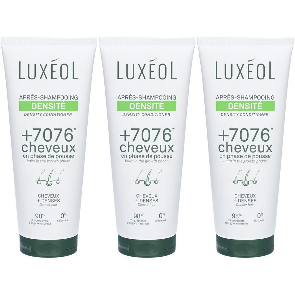 Trois tubes de LUXÉOL Après-shampooing Densité. Blanc, accents verts. Texte: +7076 Cheveux en phase de pousse, Cheveux + Denses.