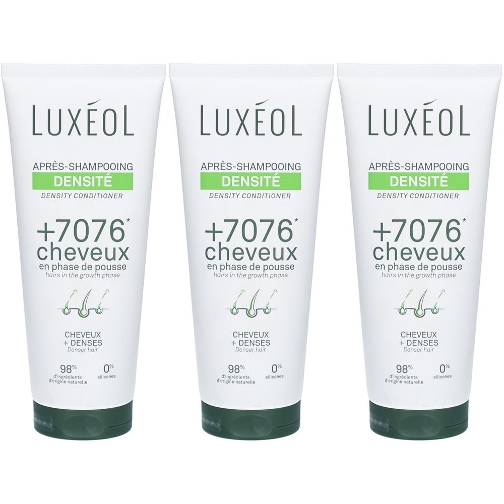 Drei Tuben LUXÉOL Conditioner. Weiß, mit grünen Akzenten und Schriftzug. Aufschrift: Après-Shampooing Densité, +7076 cheveux.