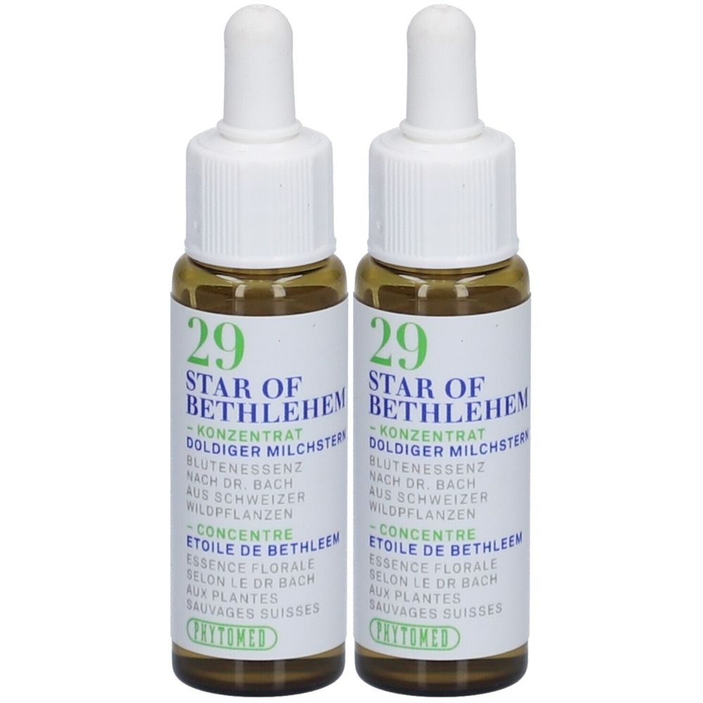 Deux flacons avec bouchon blanc et étiquette. Inscription : 29, Star of Bethlehem, Phytomed.