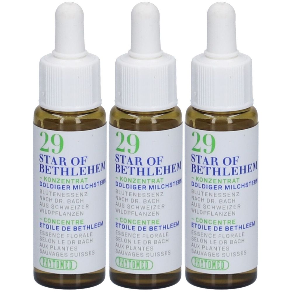 Trois flacons avec bouchon blanc et étiquette. Inscription: 29 Star of Bethlehem, concentré, Etoile de Bethléem. Marque: PHYTOMED.