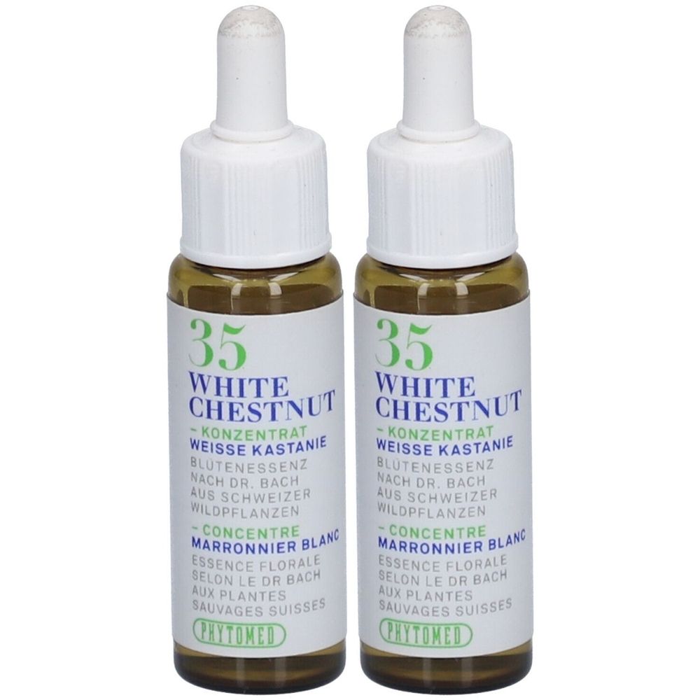 Deux flacons en verre brun avec bouchons blancs. Les étiquettes indiquent "35 White Chestnut" et "Phytomed".