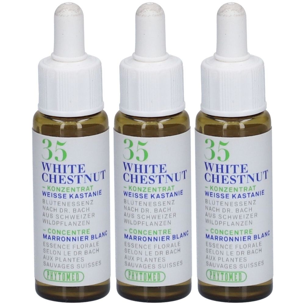 Trois flacons en verre brun avec bouchon blanc. L'étiquette indique "35 White Chestnut" et le nom de la marque Phytomed.