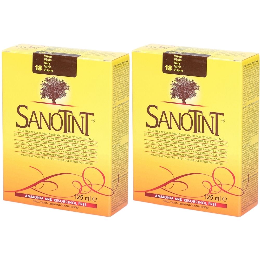 Deux boîtes jaunes Sanotint. Logo, symbole d'arbre et texte. Inscription : 18, 125 ml e, Ammonia and Resorcinol Free.